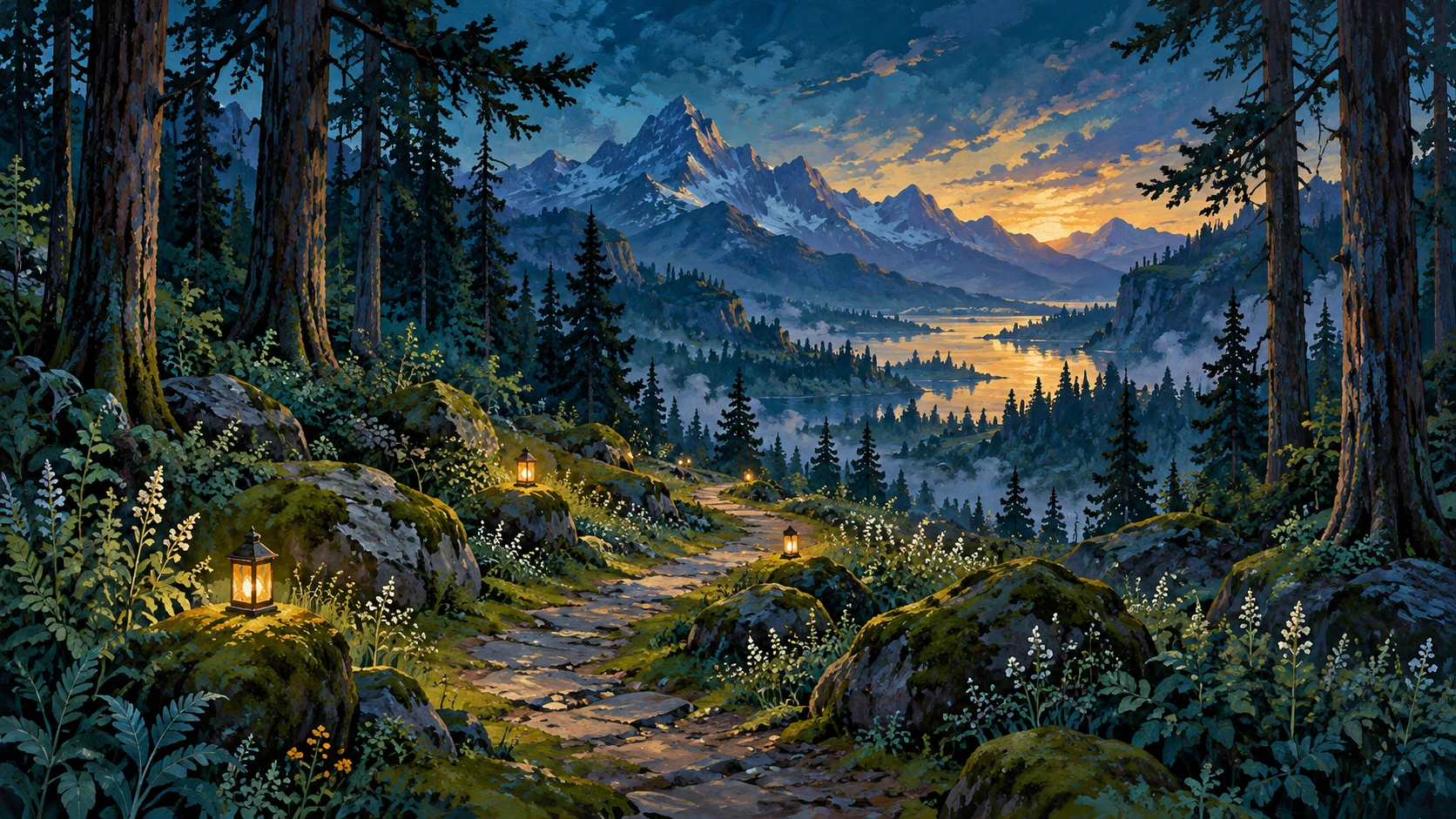 A painted woodland path winding towards a distant light