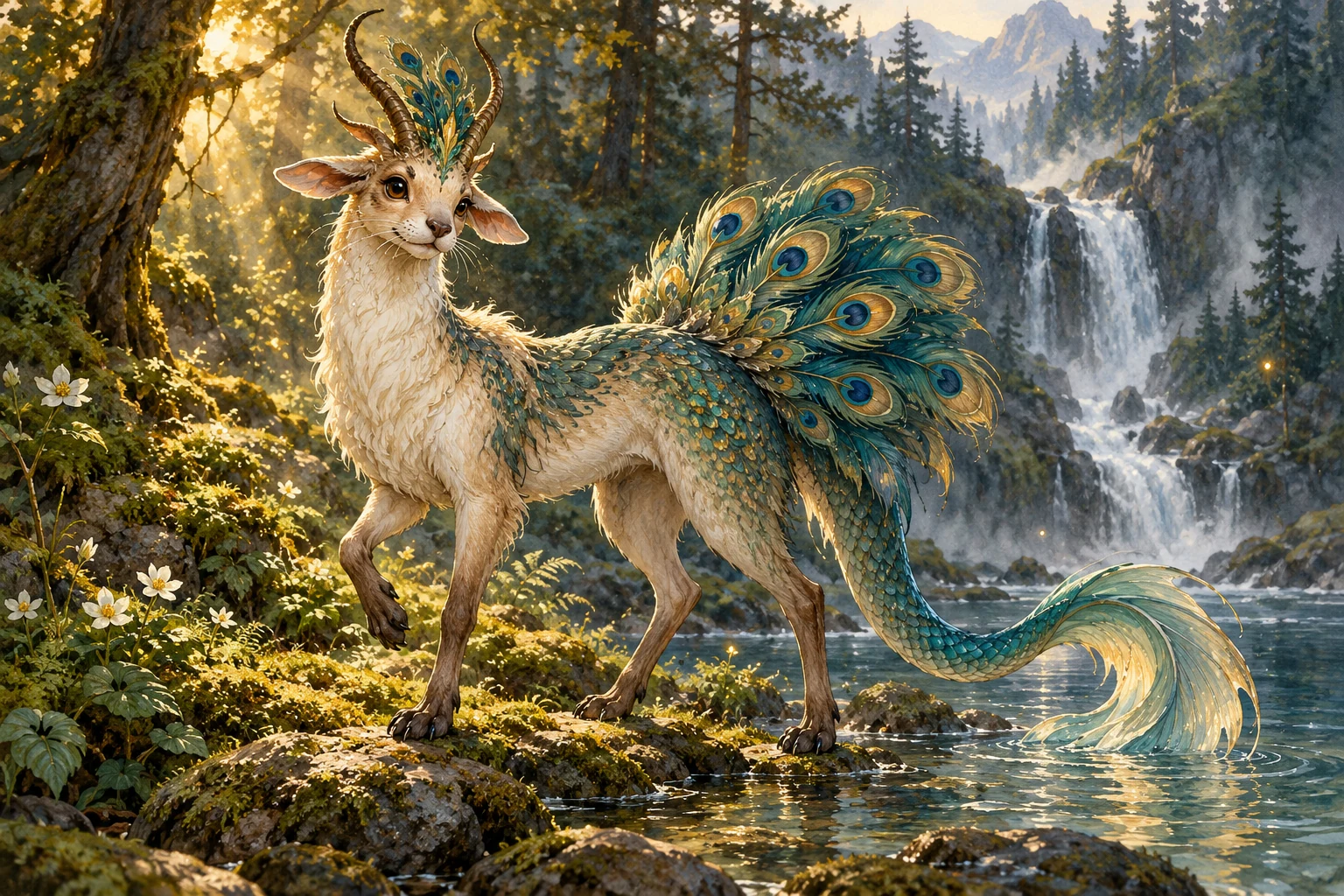 A fantasy creature blending a lamb, peacock, gazelle, otter and sea serpent